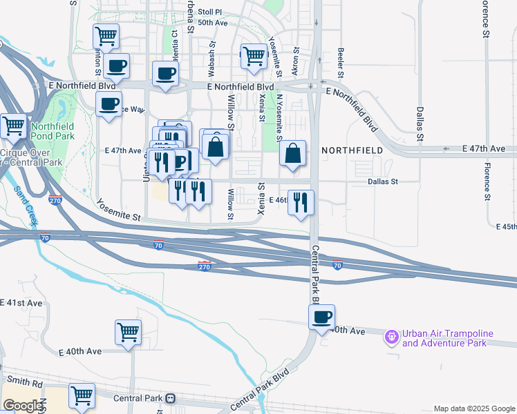 map of restaurants, bars, coffee shops, grocery stores, and more near 4557 Xenia Street in Denver