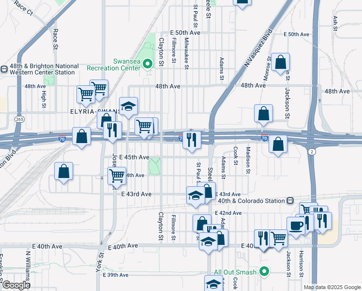 map of restaurants, bars, coffee shops, grocery stores, and more near 4543 Milwaukee Street in Denver