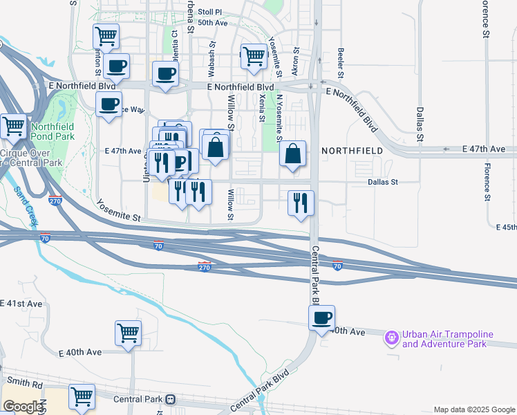 map of restaurants, bars, coffee shops, grocery stores, and more near 4557 Xenia Street in Denver