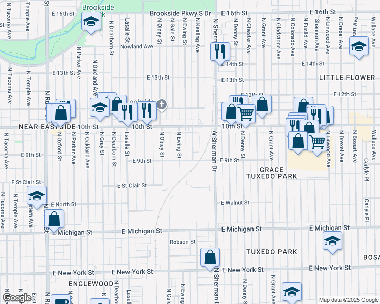 map of restaurants, bars, coffee shops, grocery stores, and more near 930 North Kealing Avenue in Indianapolis