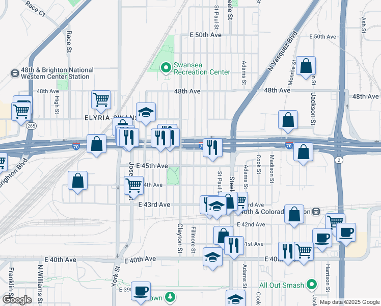 map of restaurants, bars, coffee shops, grocery stores, and more near 4541 Fillmore Street in Denver