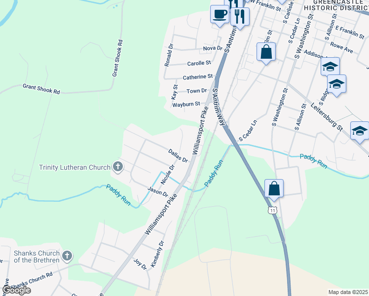 map of restaurants, bars, coffee shops, grocery stores, and more near 11420 Nicole Drive in Greencastle