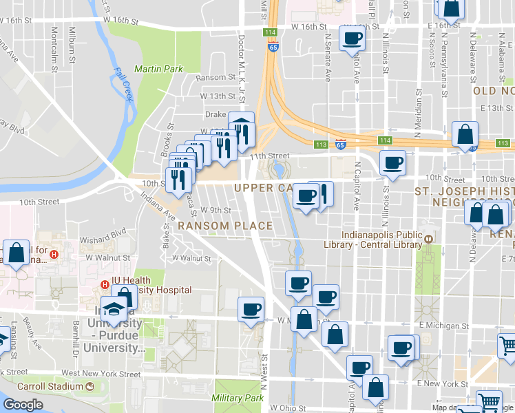 map of restaurants, bars, coffee shops, grocery stores, and more near 901 Doctor Martin Luther King Junior Street in Indianapolis