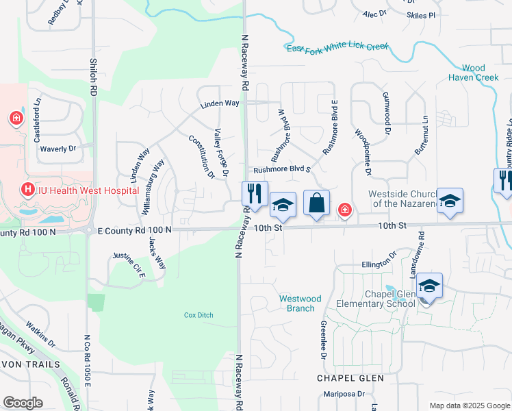 map of restaurants, bars, coffee shops, grocery stores, and more near 1045 North Raceway Road in Indianapolis