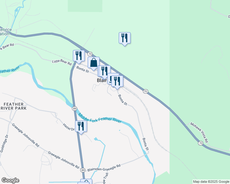 map of restaurants, bars, coffee shops, grocery stores, and more near Bonta Street in Blairsden