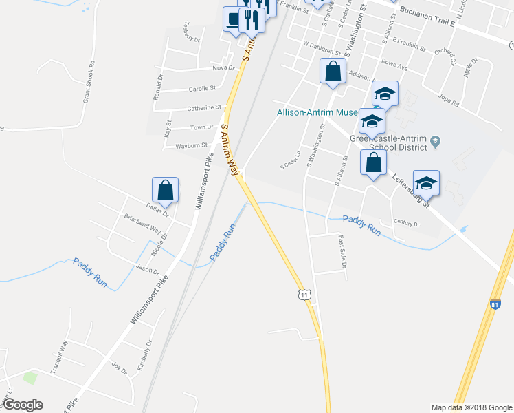 map of restaurants, bars, coffee shops, grocery stores, and more near 11678 Molly Pitcher Highway in Greencastle