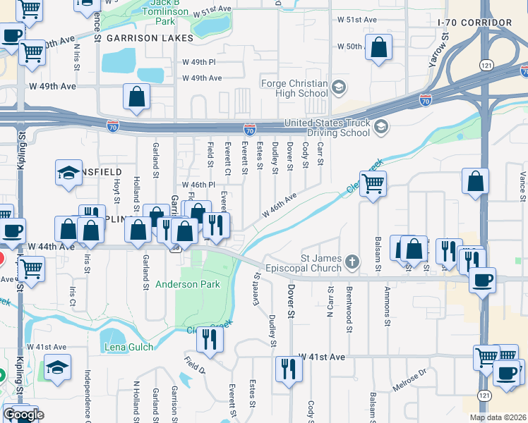 map of restaurants, bars, coffee shops, grocery stores, and more near 8715 West 46th Avenue in Wheat Ridge