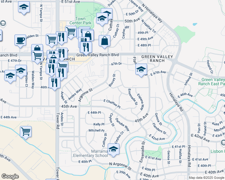 map of restaurants, bars, coffee shops, grocery stores, and more near 4600 Argonne Street in Denver