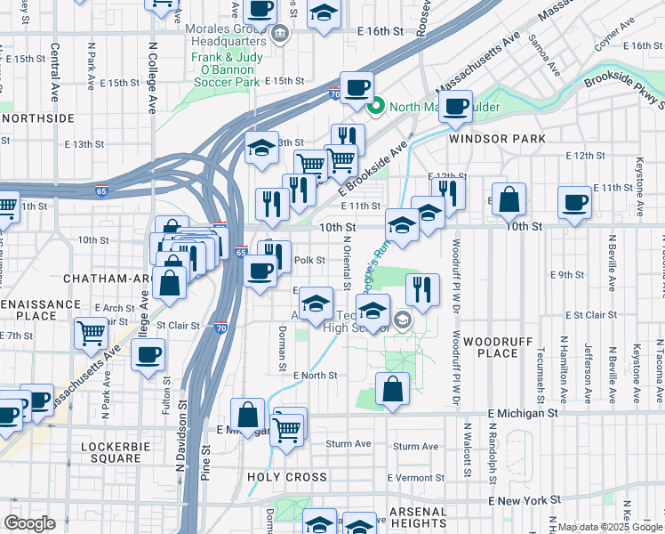 map of restaurants, bars, coffee shops, grocery stores, and more near 1316 Polk Street in Indianapolis