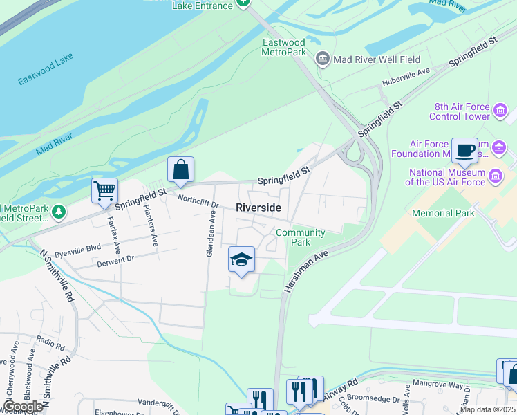 map of restaurants, bars, coffee shops, grocery stores, and more near 1045 Courtney Drive in Dayton
