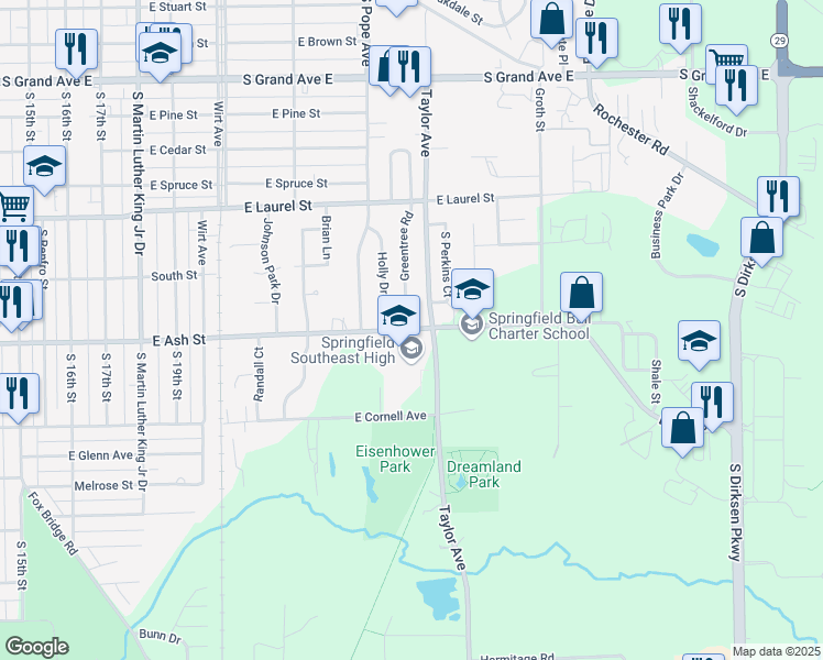 map of restaurants, bars, coffee shops, grocery stores, and more near 2350 East Ash Street in Springfield