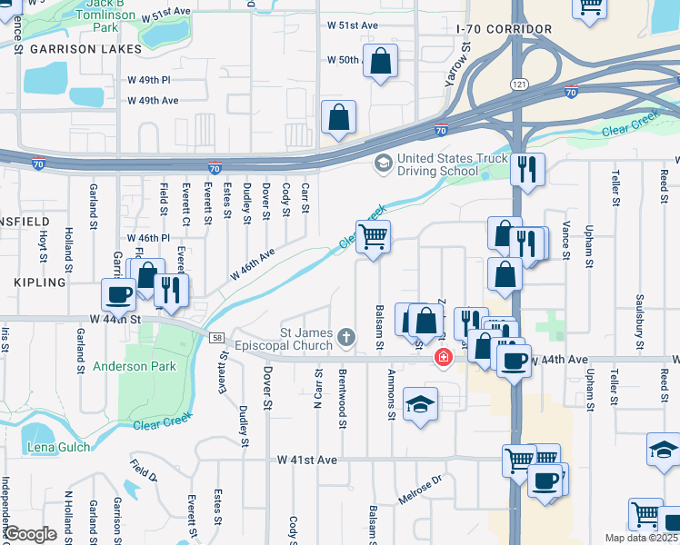 map of restaurants, bars, coffee shops, grocery stores, and more near 4599 Carr Street in Wheat Ridge