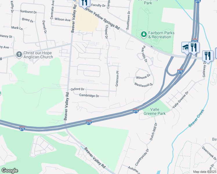 map of restaurants, bars, coffee shops, grocery stores, and more near 368 Wahby Court in Fairborn