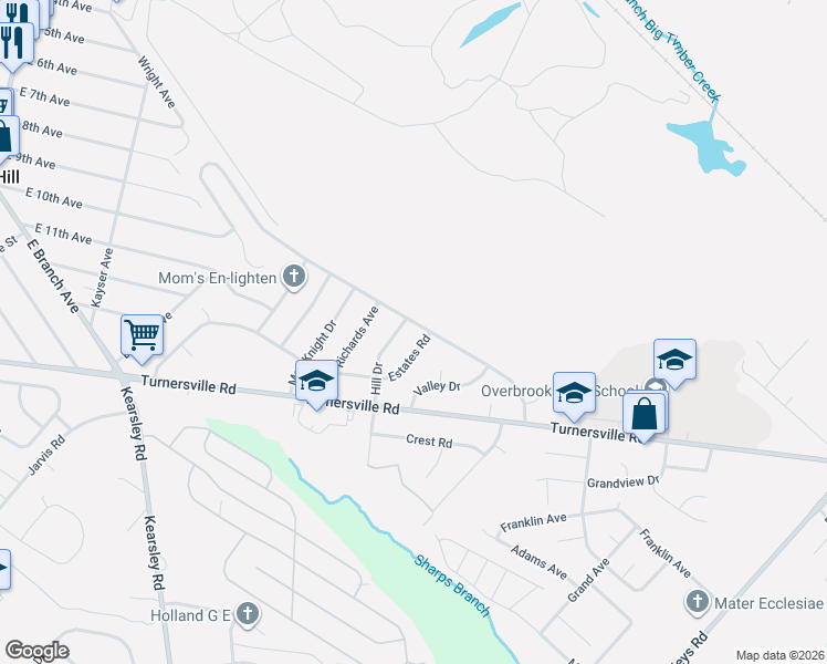 map of restaurants, bars, coffee shops, grocery stores, and more near 32 Hill Drive in Pine Hill