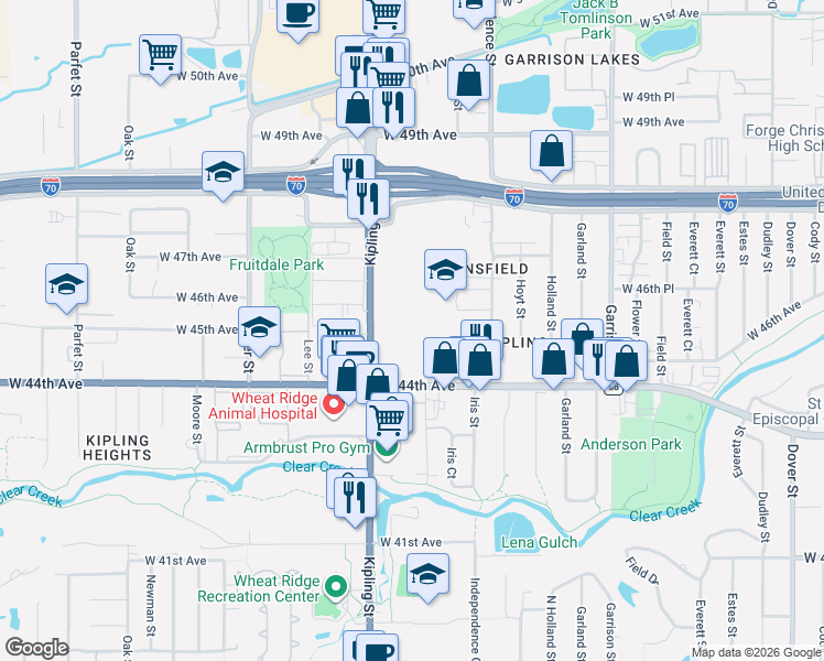 map of restaurants, bars, coffee shops, grocery stores, and more near 4590 Kipling Street in Wheat Ridge