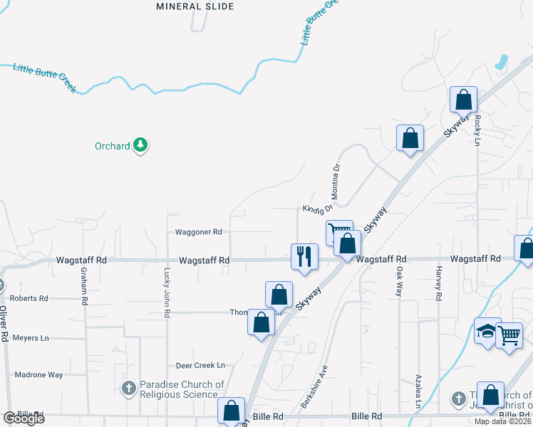 map of restaurants, bars, coffee shops, grocery stores, and more near 981 Waggoner Road in Paradise