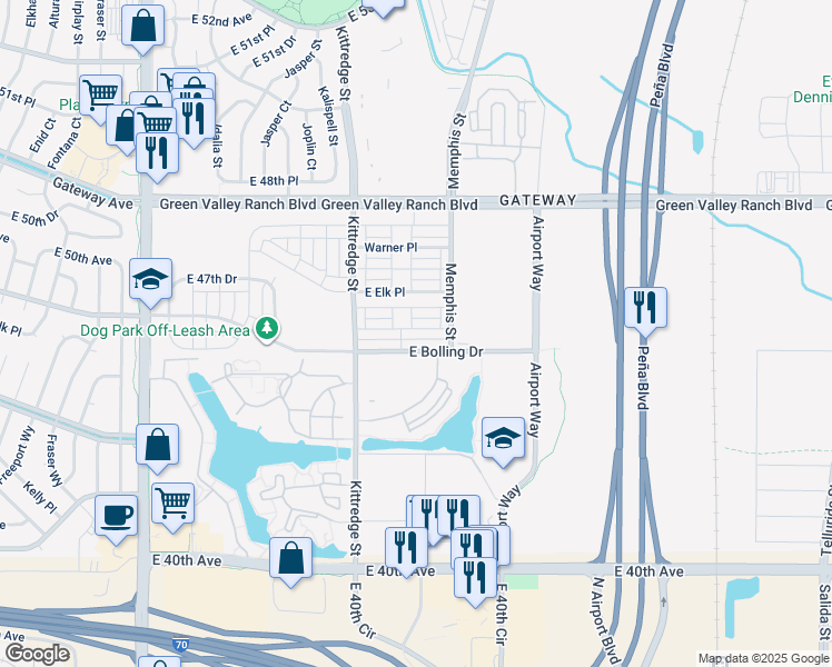 map of restaurants, bars, coffee shops, grocery stores, and more near 16191 East 47th Place in Denver