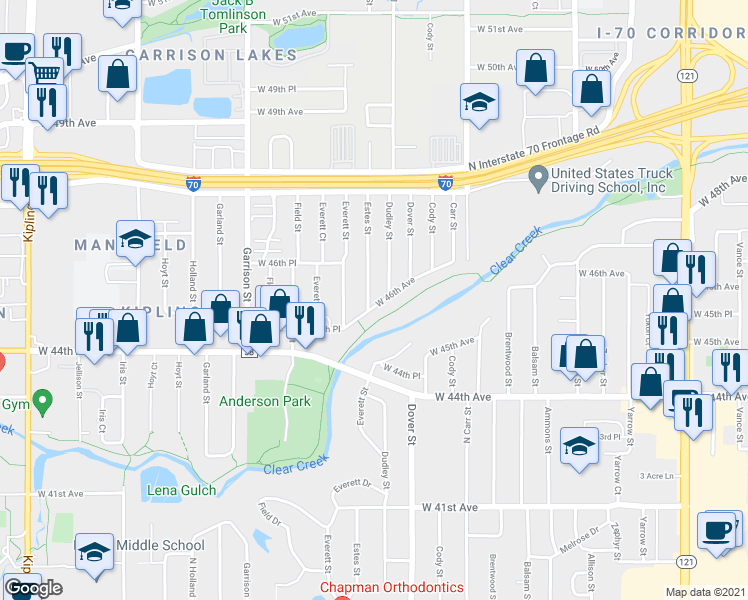map of restaurants, bars, coffee shops, grocery stores, and more near 8715 West 46th Avenue in Wheat Ridge