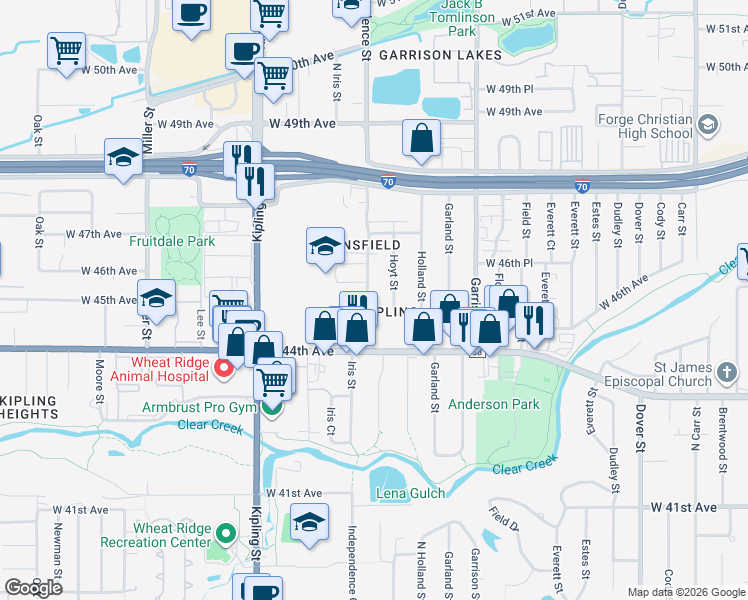 map of restaurants, bars, coffee shops, grocery stores, and more near 4585 Independence Street in Wheat Ridge