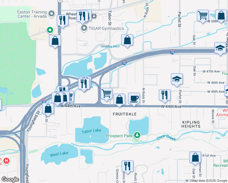 map of restaurants, bars, coffee shops, grocery stores, and more near 11780 West 46th Avenue in Wheat Ridge
