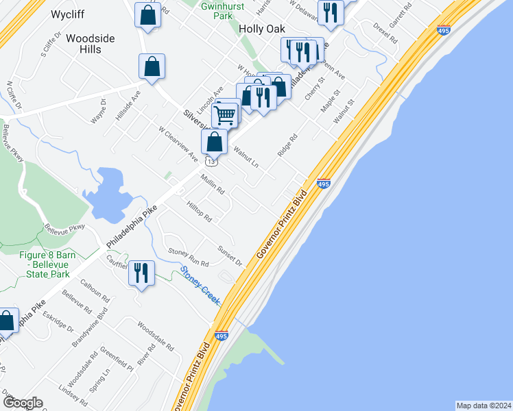map of restaurants, bars, coffee shops, grocery stores, and more near 6703 Governor Printz Boulevard in Wilmington
