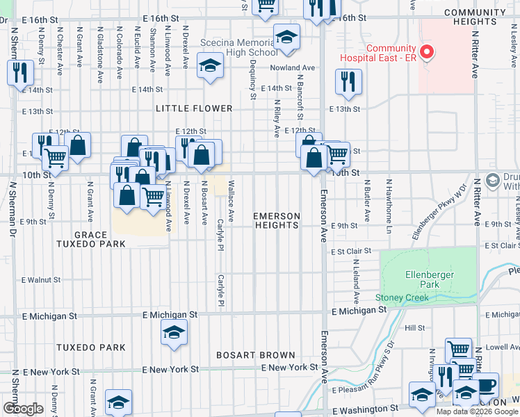 map of restaurants, bars, coffee shops, grocery stores, and more near in Indianapolis