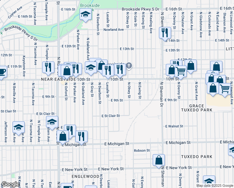 map of restaurants, bars, coffee shops, grocery stores, and more near 921 North Lasalle Street in Indianapolis