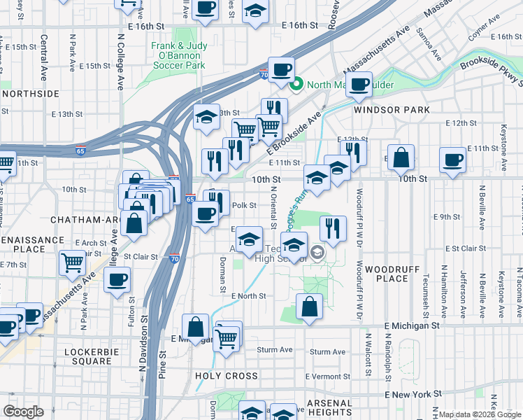map of restaurants, bars, coffee shops, grocery stores, and more near 1316 Polk Street in Indianapolis