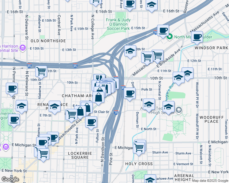 map of restaurants, bars, coffee shops, grocery stores, and more near 902 Massachusetts Avenue in Indianapolis