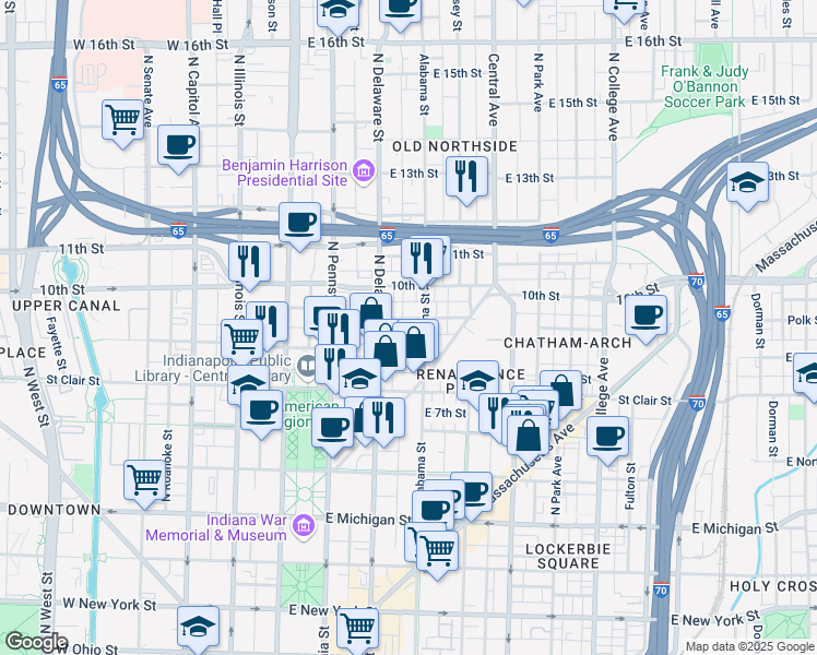 map of restaurants, bars, coffee shops, grocery stores, and more near 237 East Saint Joseph Street in Indianapolis
