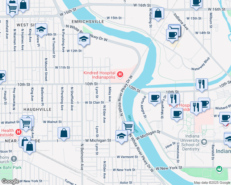 map of restaurants, bars, coffee shops, grocery stores, and more near 1719 West 10th Street in Indianapolis