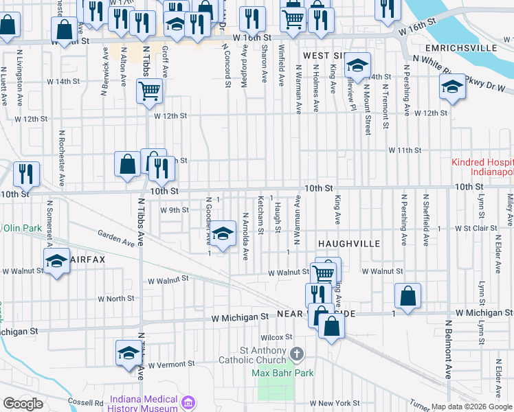 map of restaurants, bars, coffee shops, grocery stores, and more near 915 North Arnolda Avenue in Indianapolis