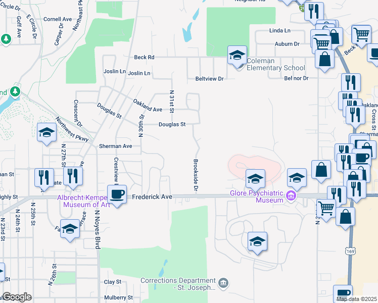 map of restaurants, bars, coffee shops, grocery stores, and more near 1606 Brookside Drive in Saint Joseph