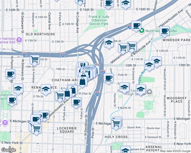 map of restaurants, bars, coffee shops, grocery stores, and more near 902 Massachusetts Avenue in Indianapolis