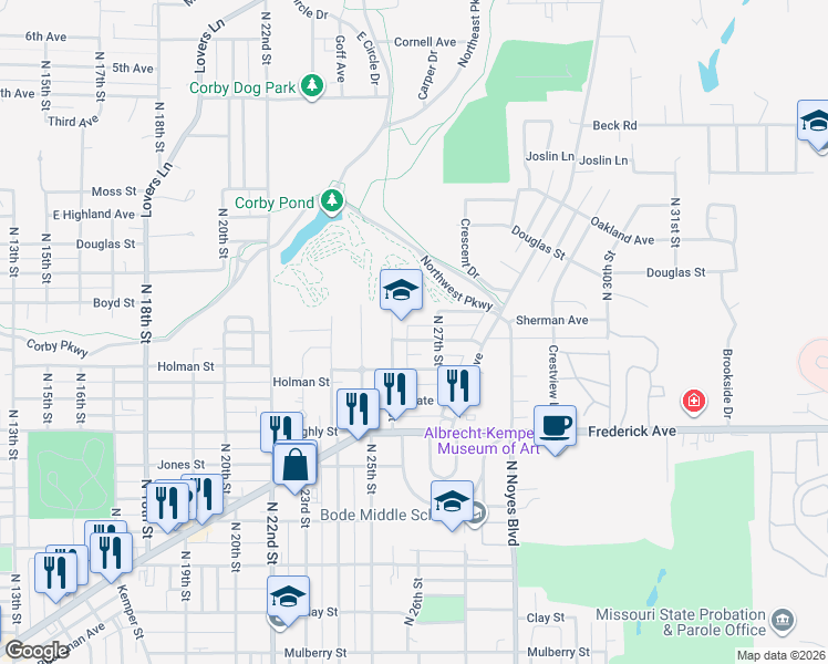 map of restaurants, bars, coffee shops, grocery stores, and more near 2601 Delaware Street in Saint Joseph