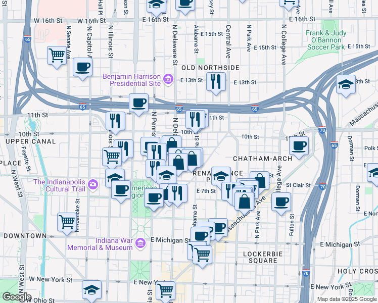 map of restaurants, bars, coffee shops, grocery stores, and more near 237 East Saint Joseph Street in Indianapolis