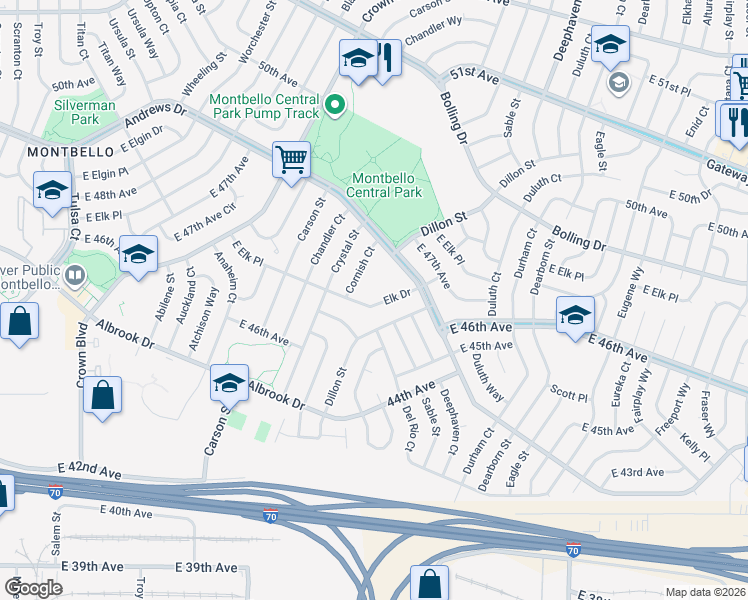 map of restaurants, bars, coffee shops, grocery stores, and more near 16049 East Elk Drive in Denver