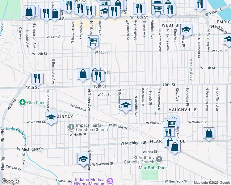 map of restaurants, bars, coffee shops, grocery stores, and more near 3216 West 9th Street in Indianapolis