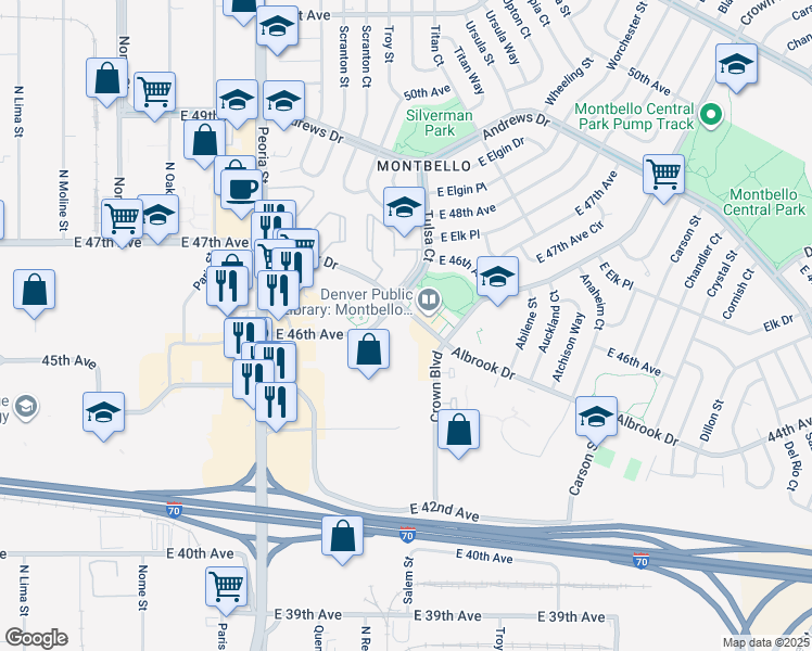 map of restaurants, bars, coffee shops, grocery stores, and more near 13000 Albrook Drive in Denver