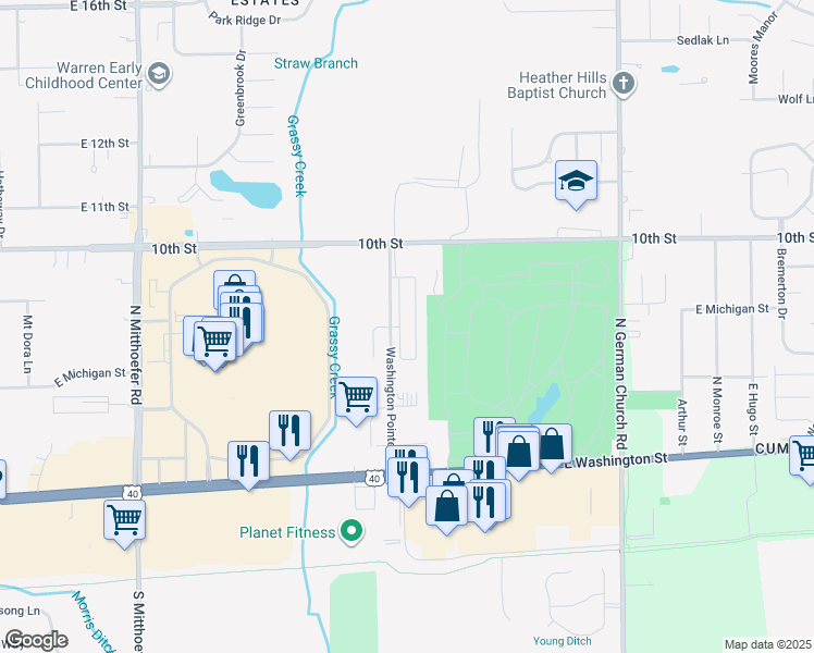 map of restaurants, bars, coffee shops, grocery stores, and more near 625 Belhaven Place in Indianapolis