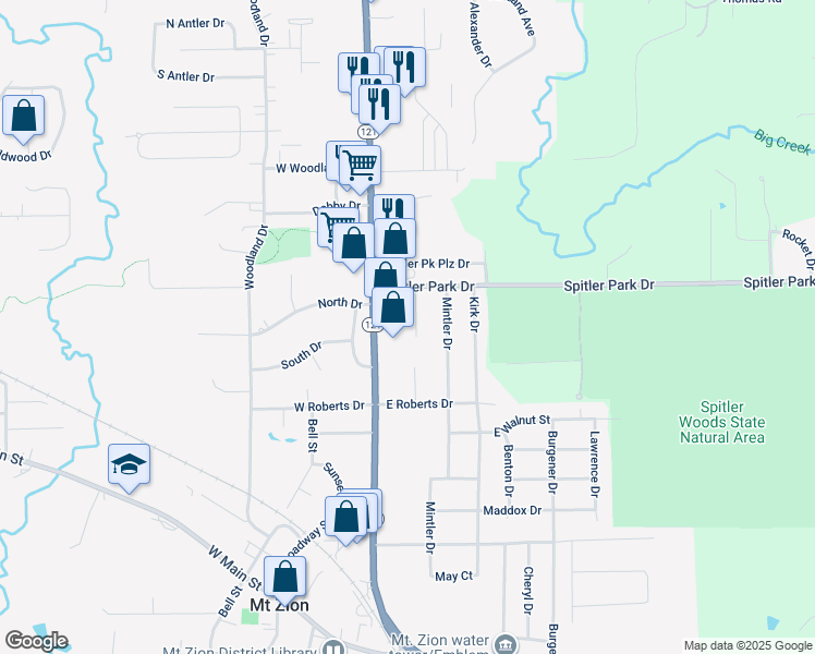 map of restaurants, bars, coffee shops, grocery stores, and more near 925 Lima Street in Mount Zion