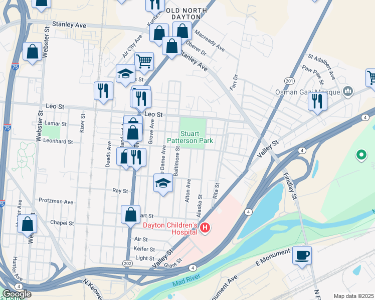 map of restaurants, bars, coffee shops, grocery stores, and more near 279 Alton Avenue in Dayton