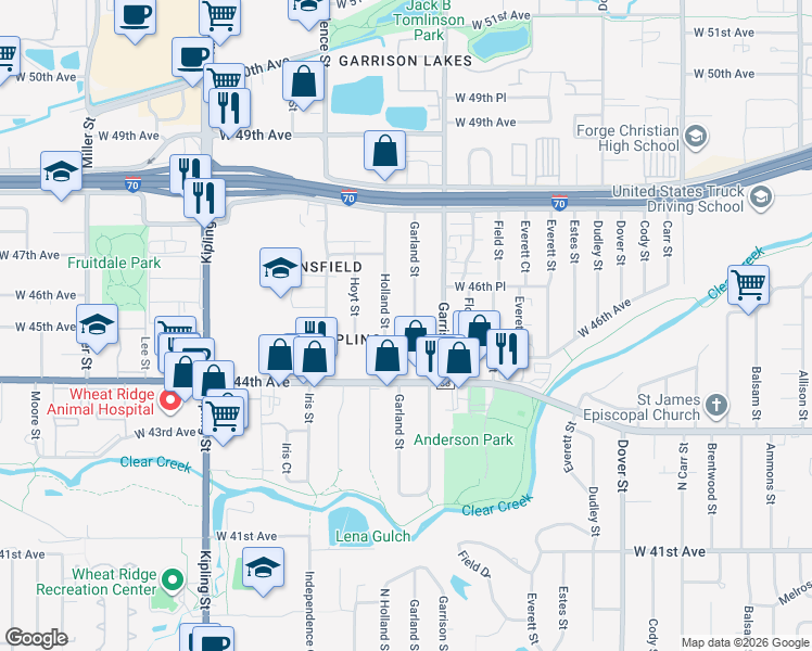 map of restaurants, bars, coffee shops, grocery stores, and more near 4525 Garland Street in Wheat Ridge