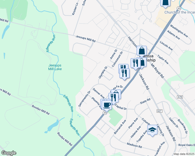 map of restaurants, bars, coffee shops, grocery stores, and more near 642 Olympia Street in Gloucester County