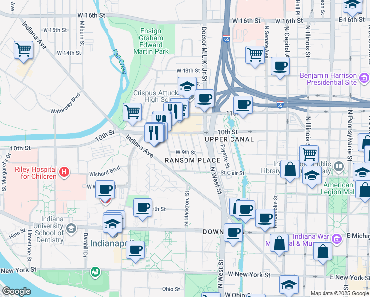 map of restaurants, bars, coffee shops, grocery stores, and more near in Indianapolis