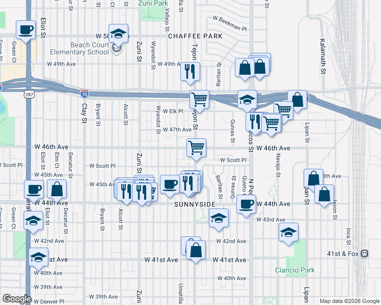 map of restaurants, bars, coffee shops, grocery stores, and more near 2100 West 46th Avenue in Denver