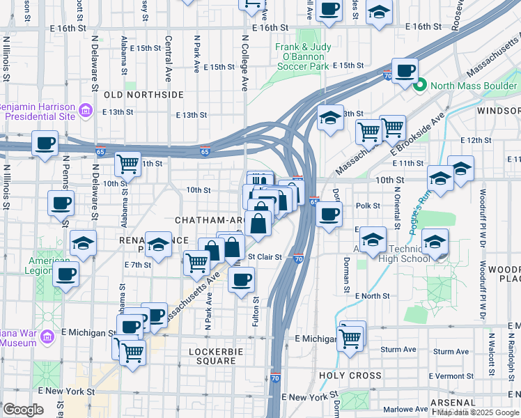 map of restaurants, bars, coffee shops, grocery stores, and more near 906 Carrollton Avenue in Indianapolis