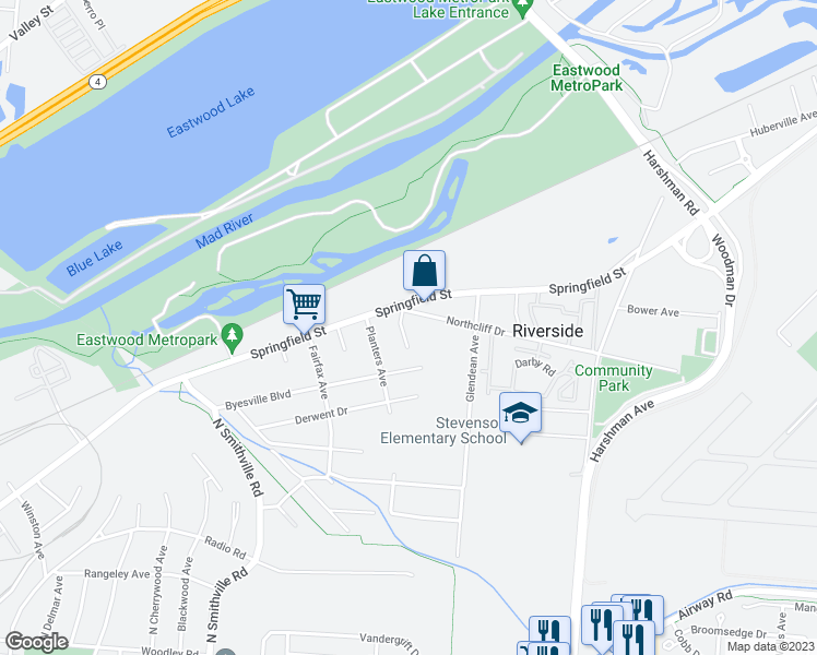 map of restaurants, bars, coffee shops, grocery stores, and more near 1008 North Garden Avenue in Dayton