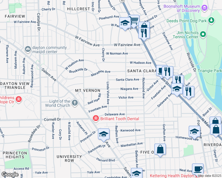 map of restaurants, bars, coffee shops, grocery stores, and more near 265 Niagara Avenue in Dayton