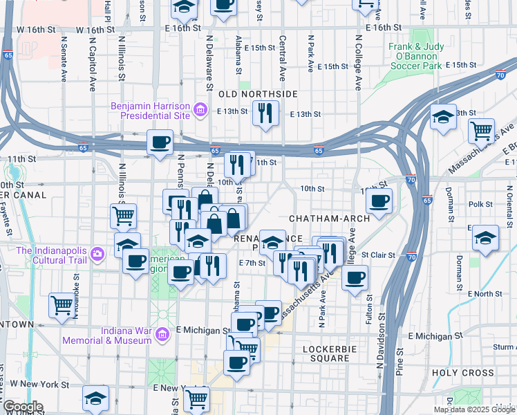 map of restaurants, bars, coffee shops, grocery stores, and more near 934 Fort Wayne Avenue in Indianapolis